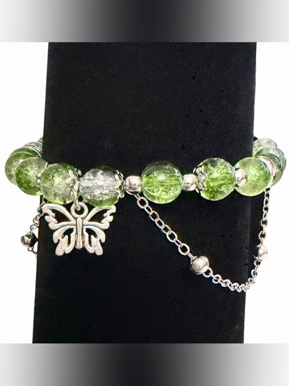 Bracelet 6”-7.5” Butterfly Glass Beaded Green & Silver